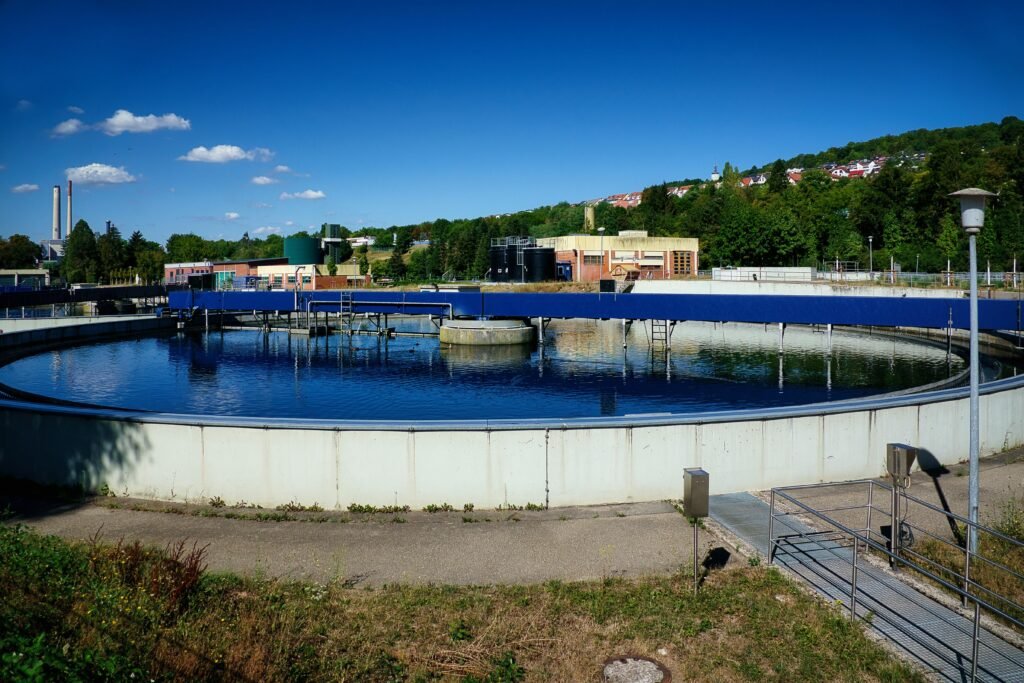 Sewage treatment plant with clear blue sky in Pforzheim, Germany.